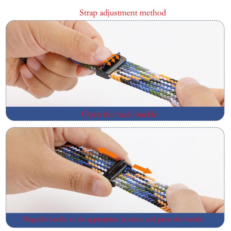 Multicolor woven watch band shown being adjusted with its sliding buckle.