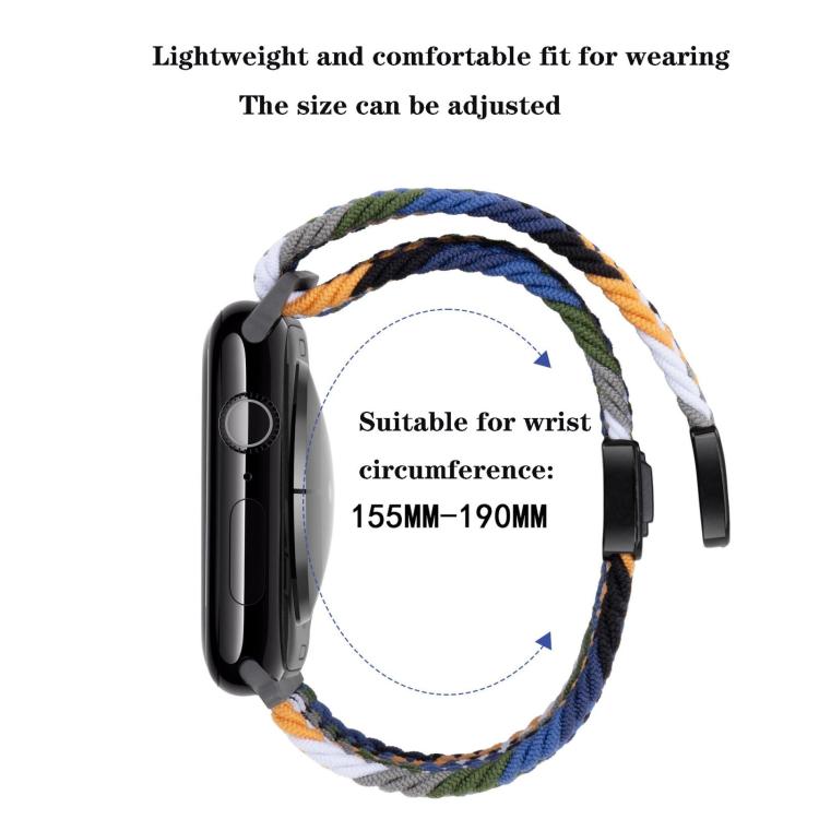 Multicolor woven watch band shown on a watch, with adjustable fit for 155–190 mm wrists.
