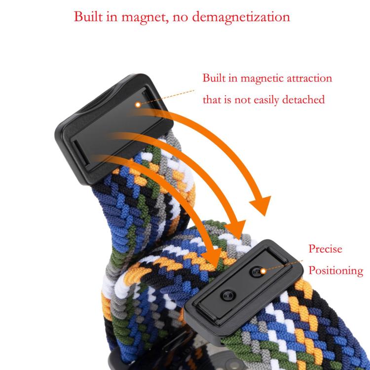 Woven watch band with multicolor threads and a close-up of its black magnetic clasp