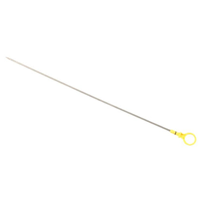 Engine oil dipstick with yellow loop handle and slim metal rod