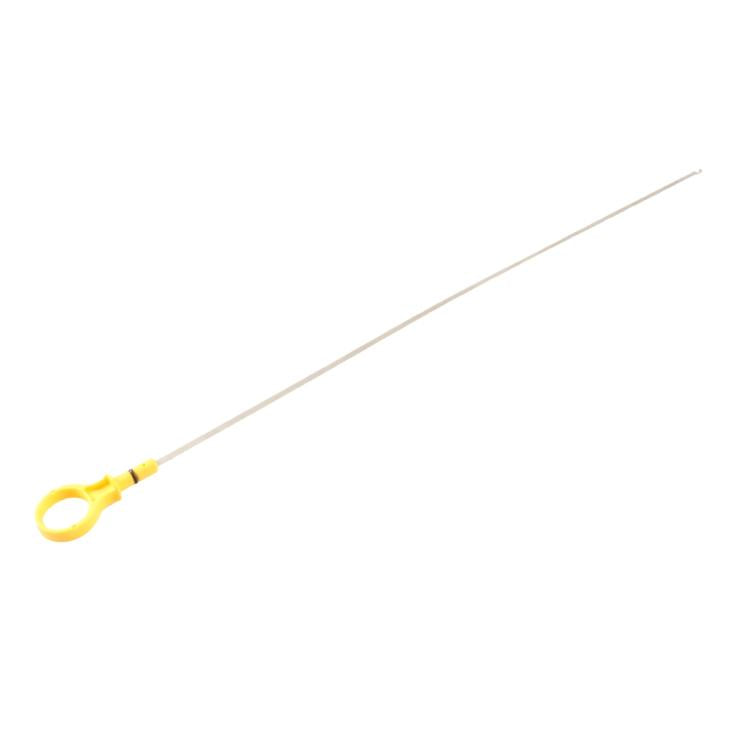 Engine oil dipstick with yellow loop handle and long metal rod