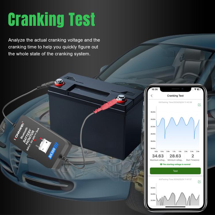 Bluetooth battery monitor tool with battery clips connected to a car battery