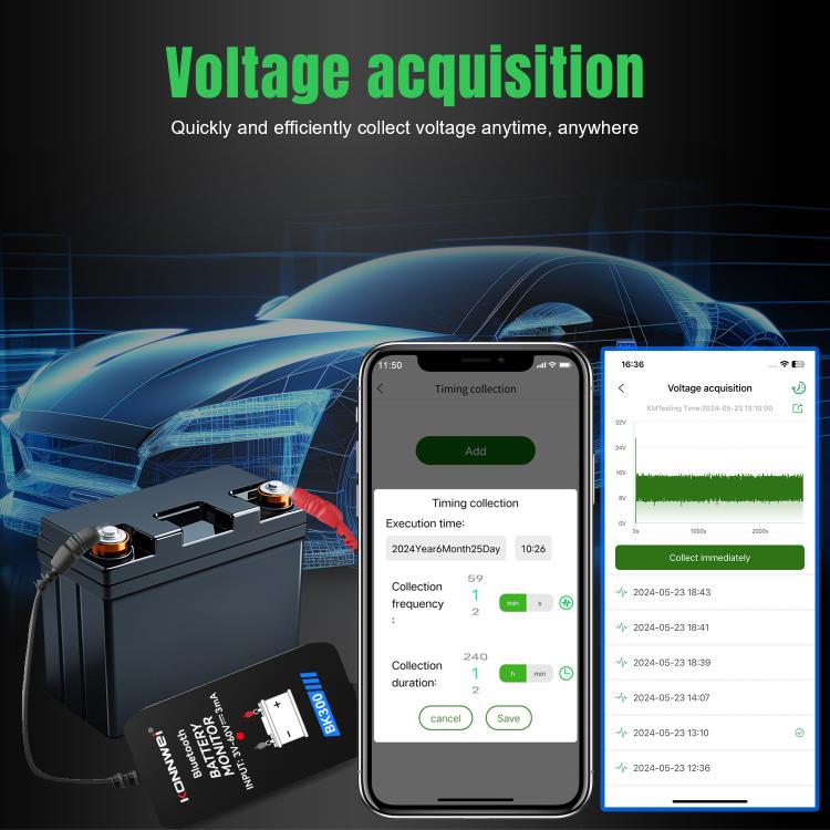 Car battery monitor device connected to smartphone voltage acquisition display