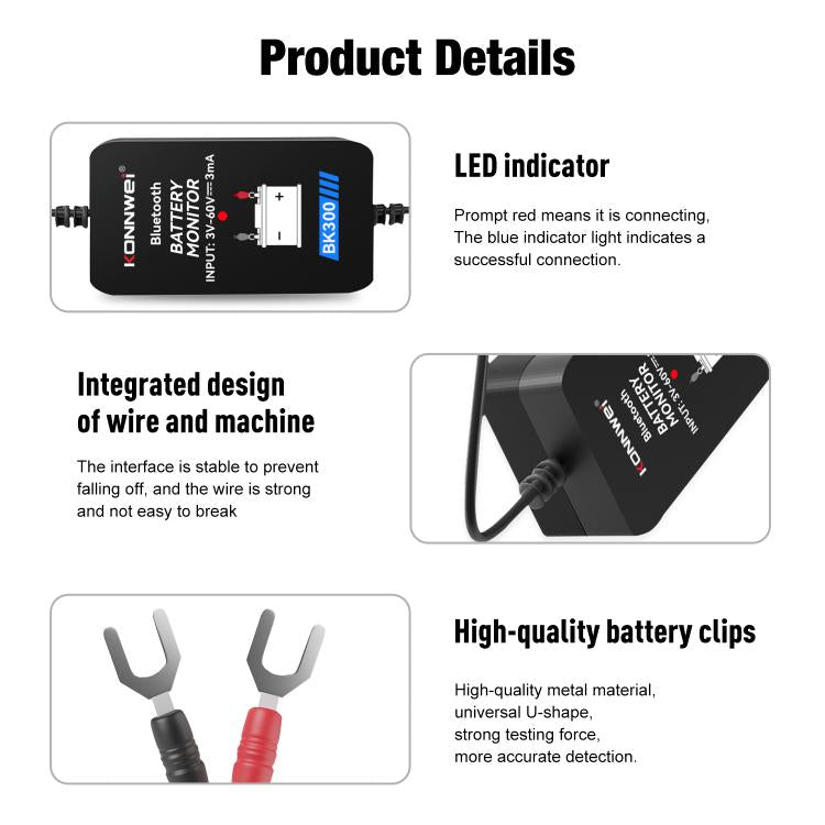BK300 battery monitor features close-up with LED indicator and wire terminals