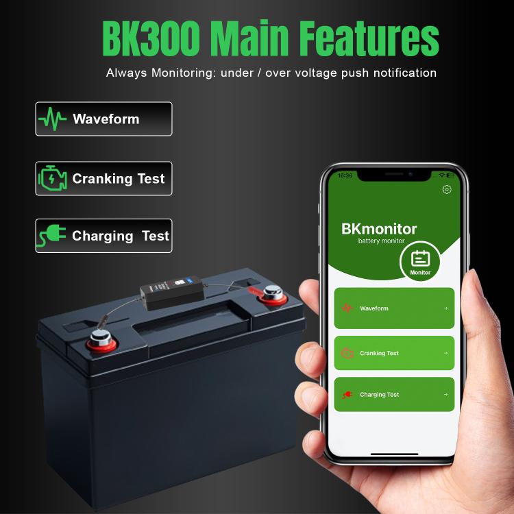 Car battery monitor device with smartphone interface showing waveform and test options