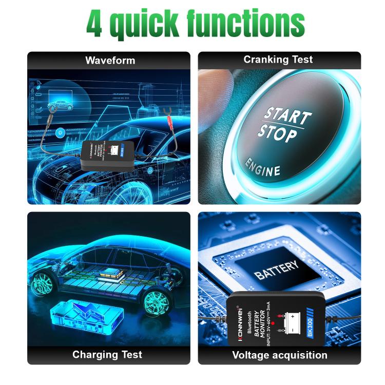 Battery monitor quick functions with four app screen views: waveform, tests, voltage acquisition