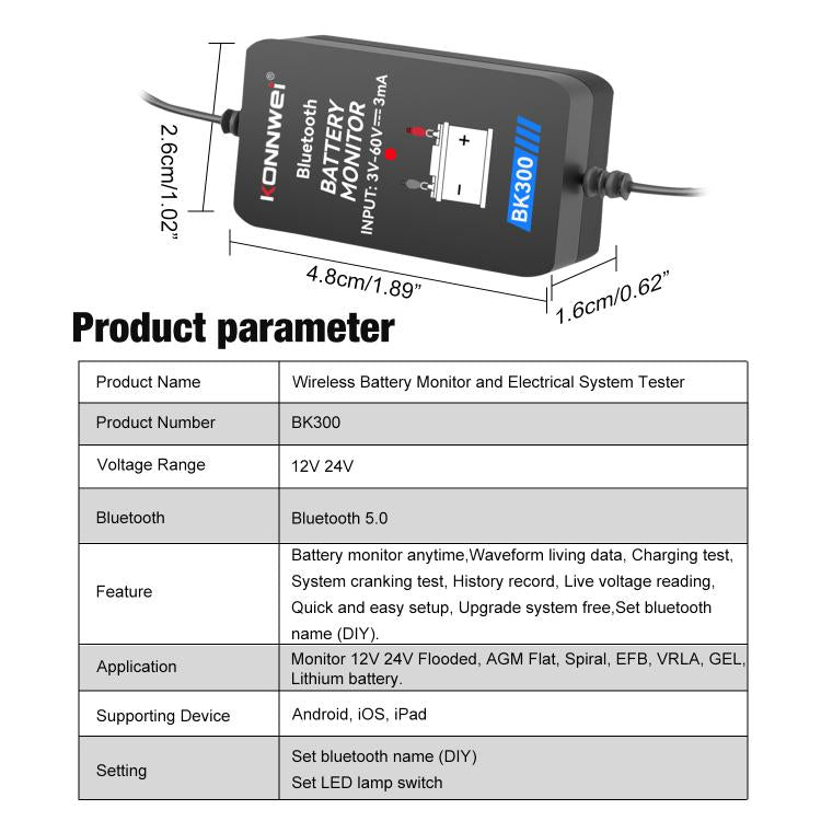 BK300 wireless battery monitor tester with dimensions and input/output label details