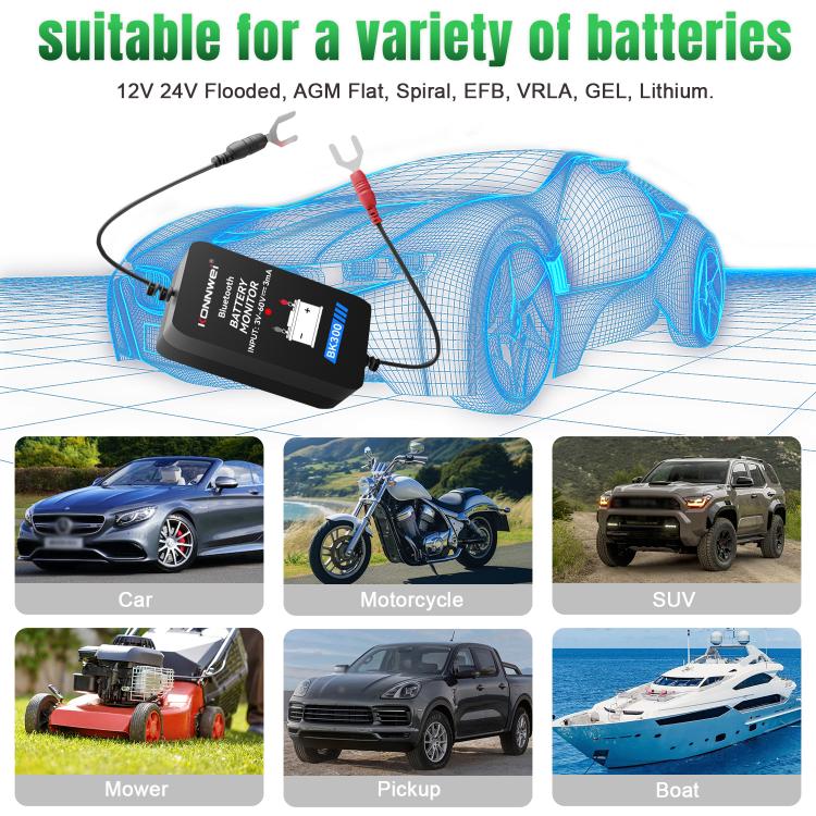 Battery monitor tester with test leads and compact black module for car and boat batteries