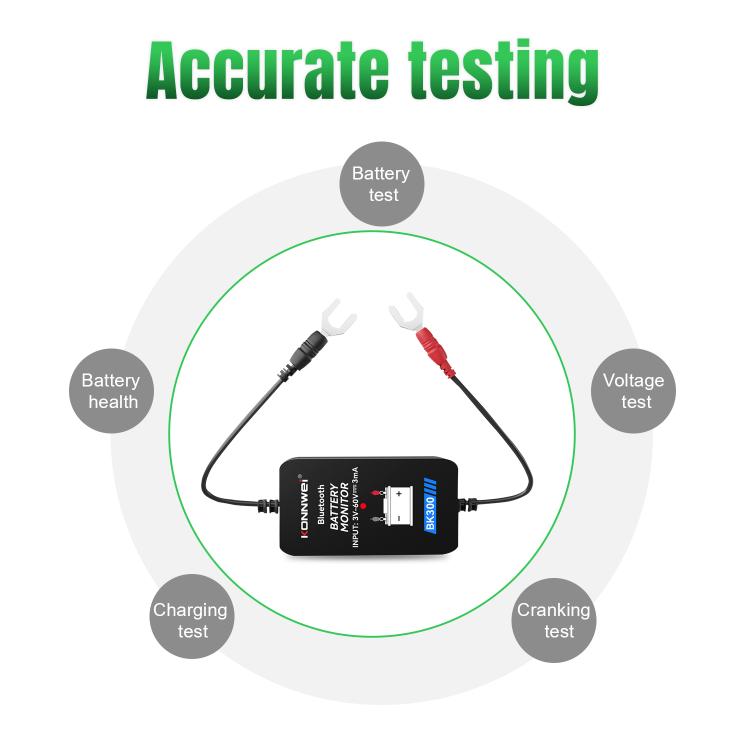 Car battery testing tool with test leads and indicator labels for battery and voltage checks