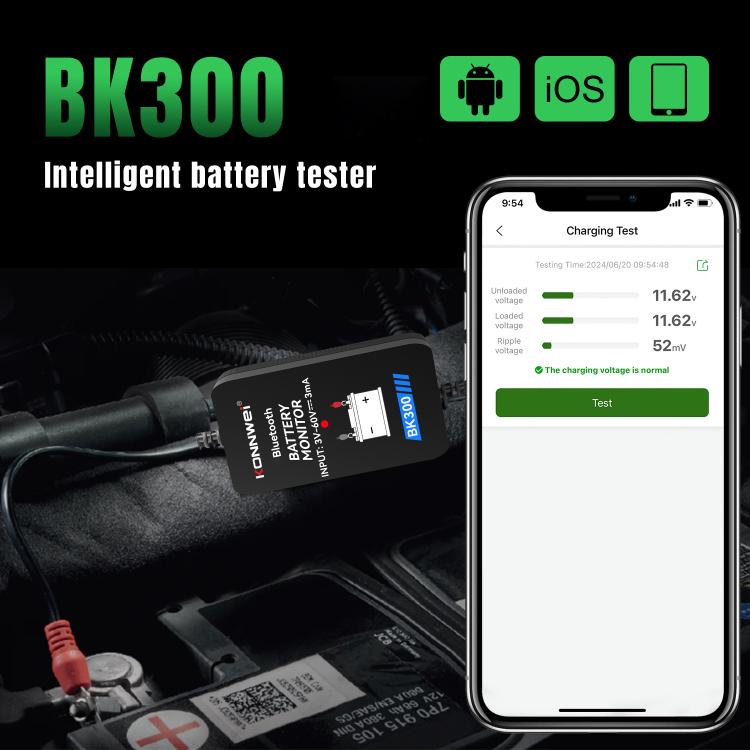 Intelligent battery tester device connected to a phone for charging test readings