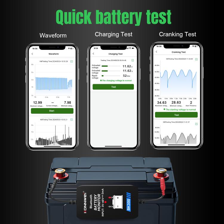 Car battery tester module on battery with phone screens for waveform, charging, and cranking tests