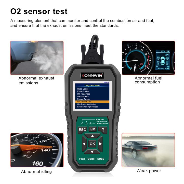 OBD2 diagnostic scan tool with color screen displaying sensor test menus