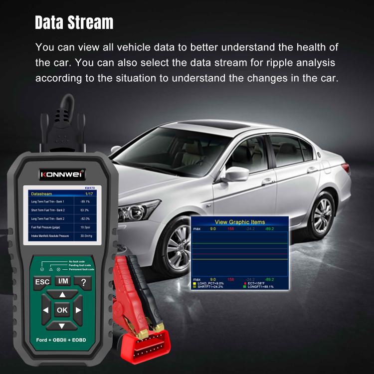 OBD2 scan tool with color display showing data stream and graphic items
