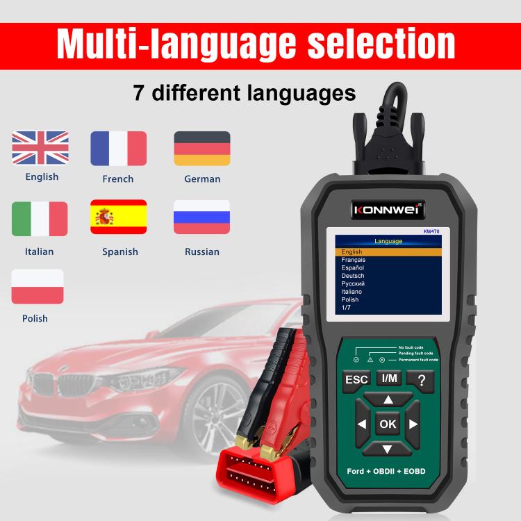 OBD2 scan tool with language selection screen and control buttons