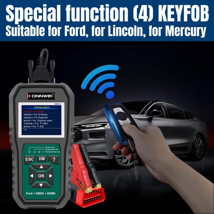 KONNWEI KW470 OBD2 scanner with keyfob function shown on color display