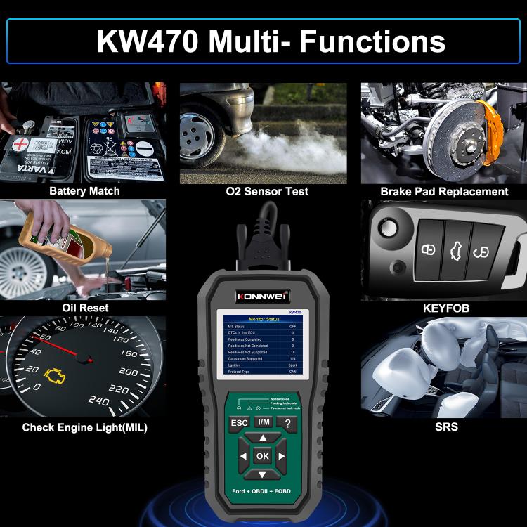 KONNWEI KW470 multi-function OBD2 scanner with color display and keypad