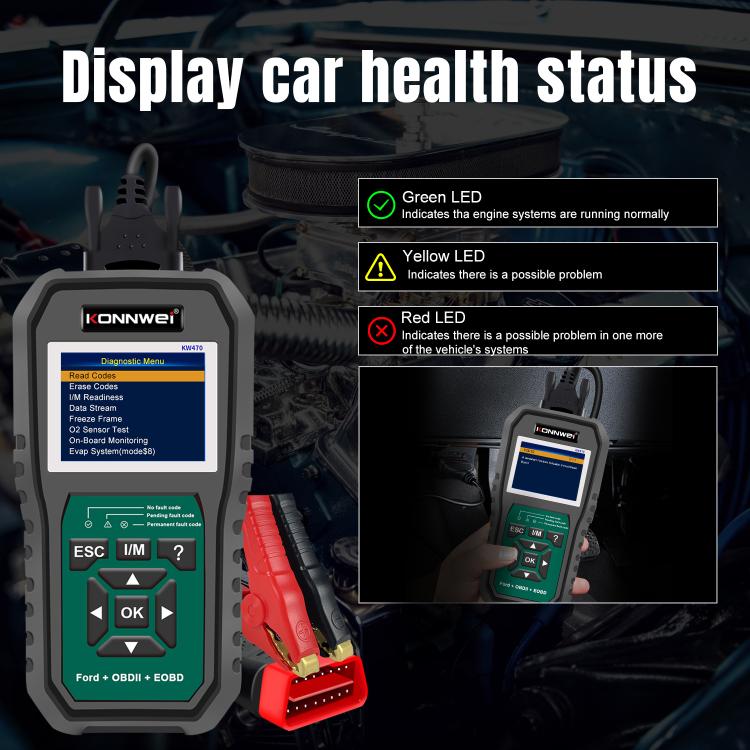 KONNWEI KW470 OBD2 scan tool showing diagnostic status colors on screen