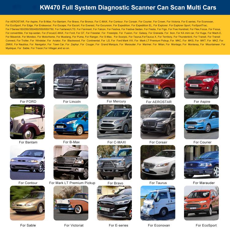 KONNWEI KW470 OBD2 scan tool listing supported vehicles with compact handheld design