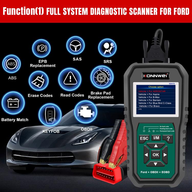KONNWEI KW470 OBD2 scan tool with diagnostic icons around the handheld device