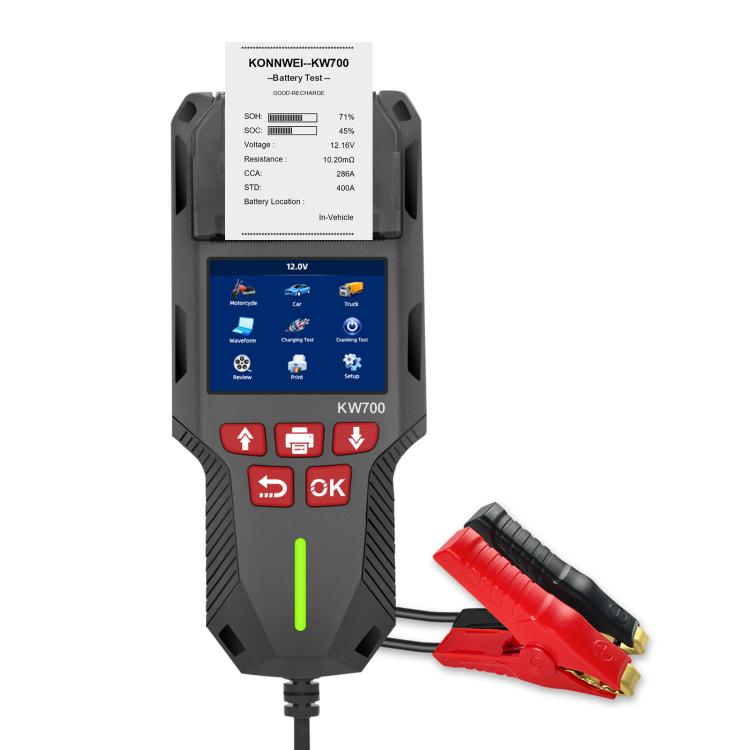 KONNWEI KW700 car battery tester with color screen and red alligator clamps