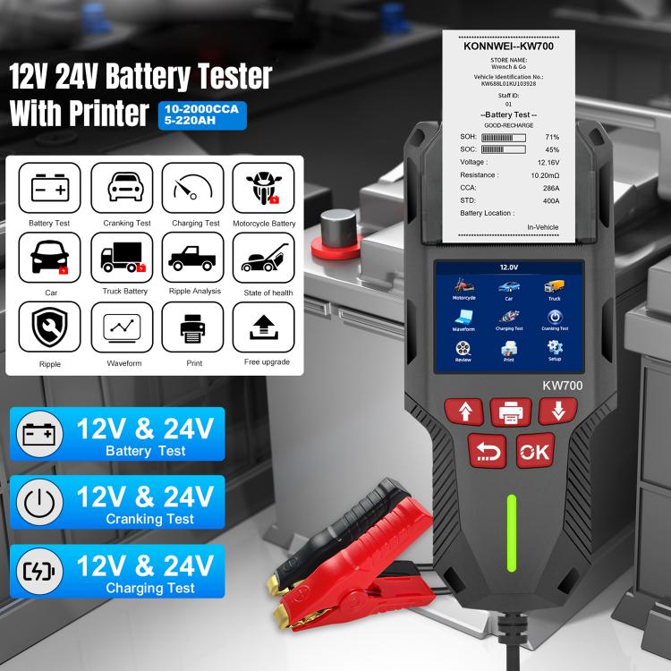 KONNWEI KW700 battery tester with color display and printer-style controls
