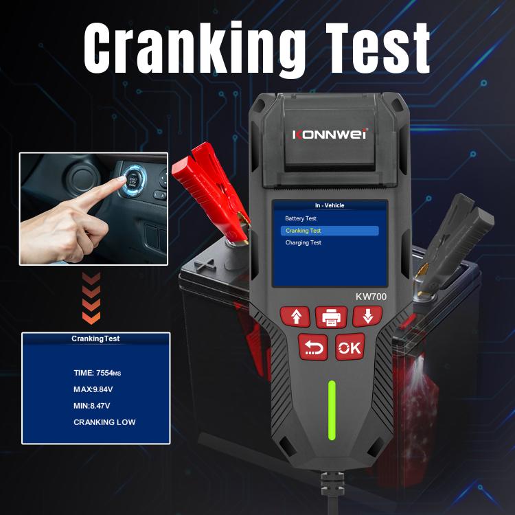 KONNWEI KW700 2.8 in car battery tester with color screen showing cranking test