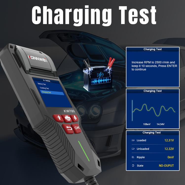 KONNWEI KW700 car battery tester with color screen displaying charging test details