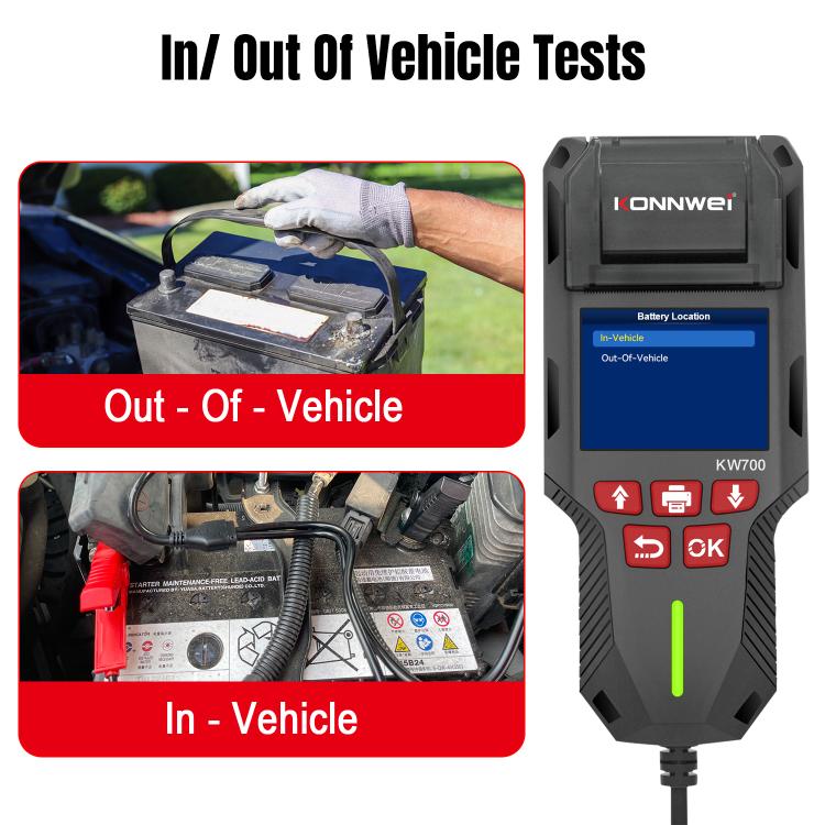 KONNWEI KW700 car battery tester standing upright with color display and red buttons