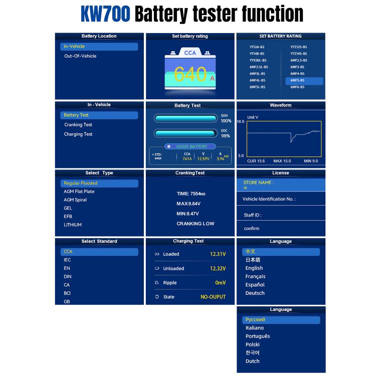 KONNWEI KW700 battery tester function screen with options and waveform readout
