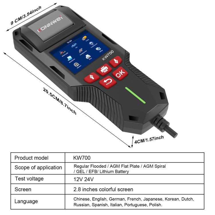 KONNWEI KW700 car battery tester with 2.8 in color screen, red keypad, and cable