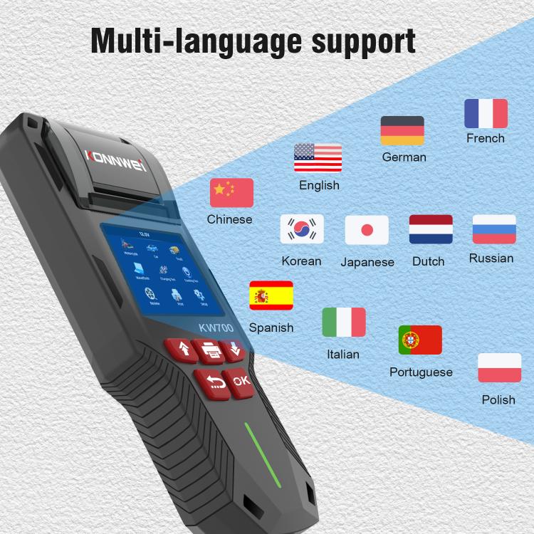 KONNWEI KW700 car battery tester with multilingual language support icons