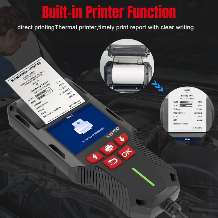 KONNWEI KW700 battery tester showing thermal printer output and color screen