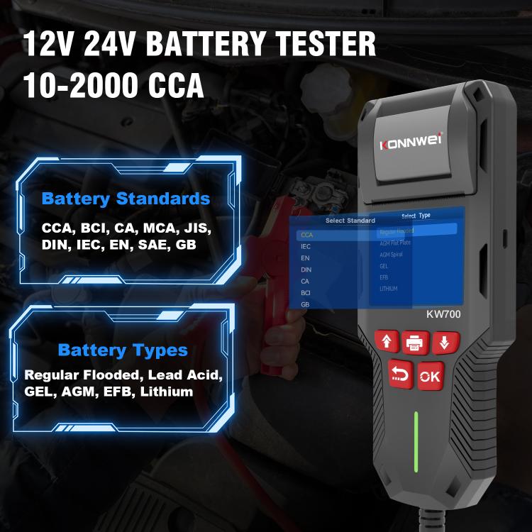 KONNWEI KW700 12V/24V battery tester with blue menu on color screen