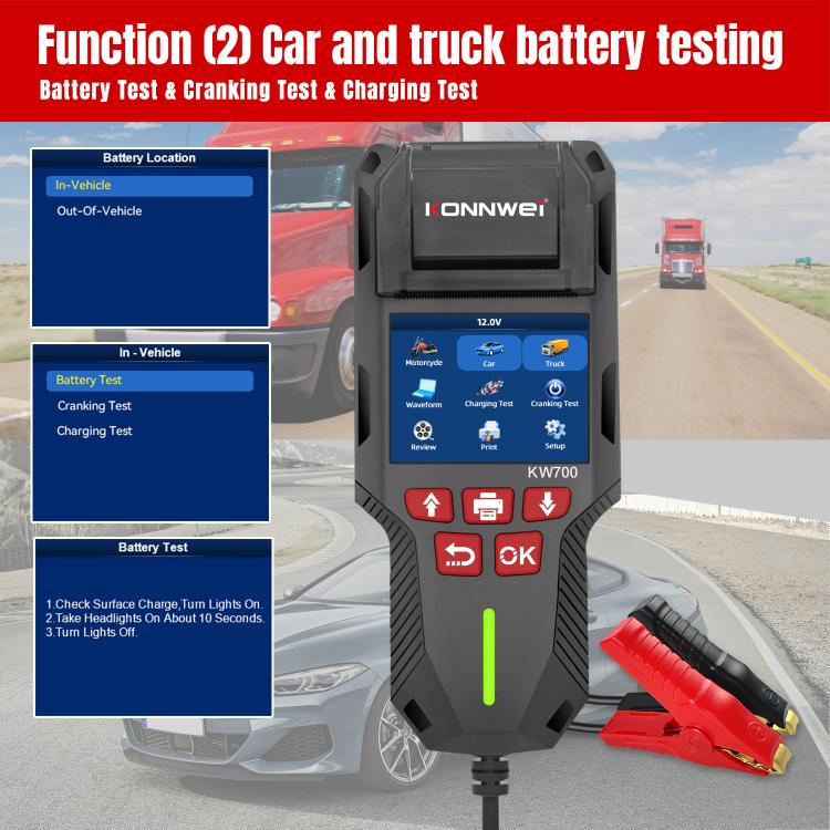 KONNWEI KW700 car/truck battery tester with color display and red alligator clamps