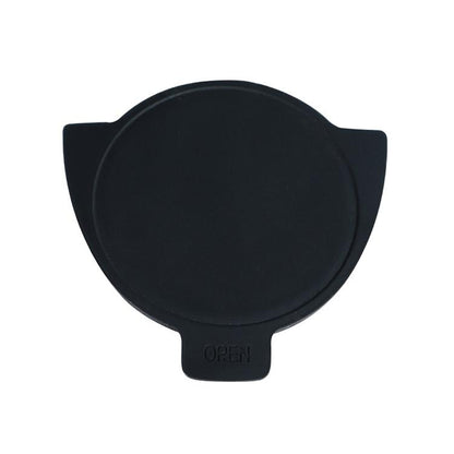 Black silicone cover for coffee powder feeder, circular with tab and OPEN marking