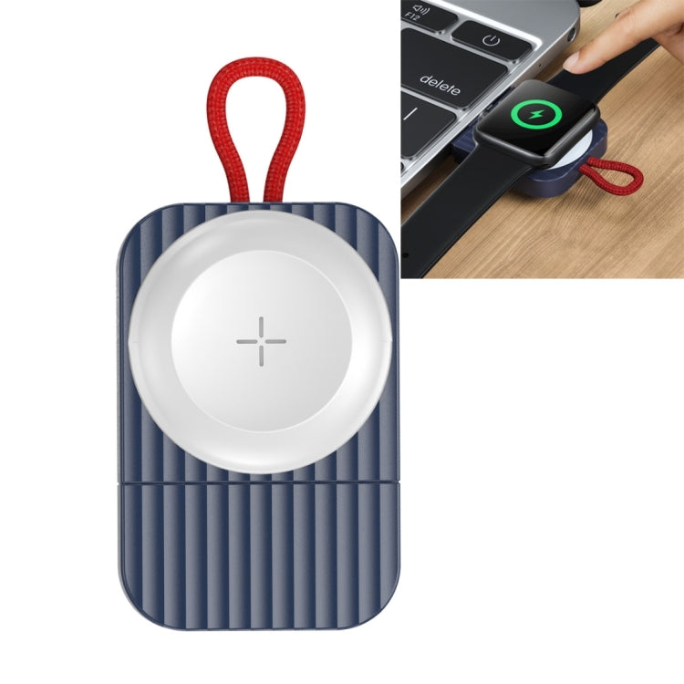 Blue portable magnetic wireless watch charger with white charging pad and red braided lanyard