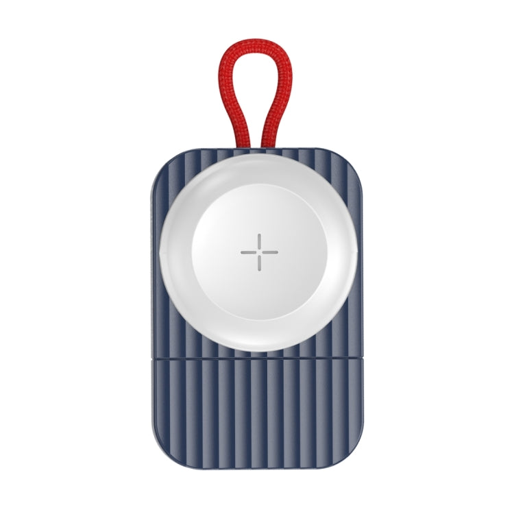 Blue portable magnetic wireless watch charger, front view with white circular charging pad