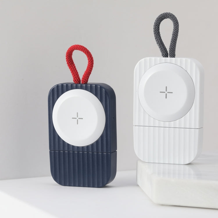 Portable magnetic wireless Apple Watch chargers, blue and white housings with + icons and cords