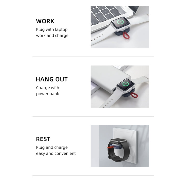 Portable magnetic wireless watch charger with red cord shown in work, hang-out, and rest use