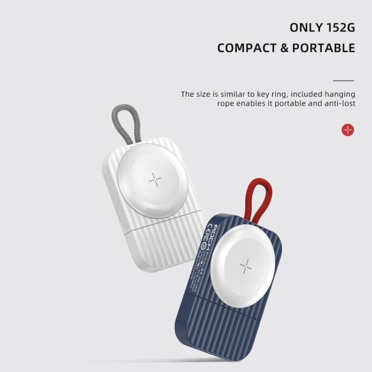 Compact portable magnetic wireless watch charger set in white and blue with red lanyard loops