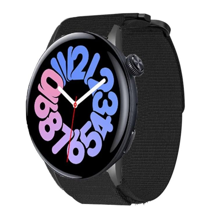 Black nylon hook-and-loop watch band fitted to a smartwatch with an analog-style display.