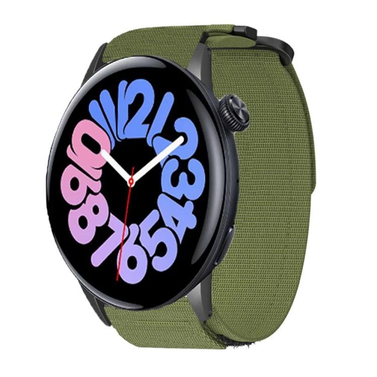 Olive green nylon hook-and-loop watch band fitted to a smartwatch with an analog-style display.