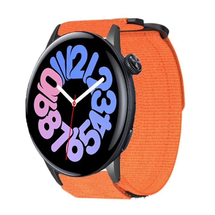 Orange nylon hook-and-loop watch band fitted to a smartwatch with an analog-style display.