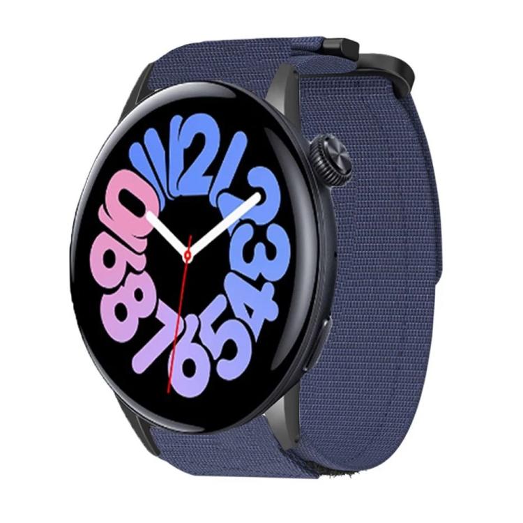 Blue nylon hook-and-loop watch band fitted to a smartwatch with an analog-style display.