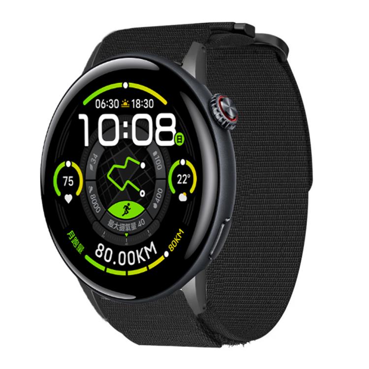 Black nylon hook-and-loop watch band shown fitted to a round smartwatch.