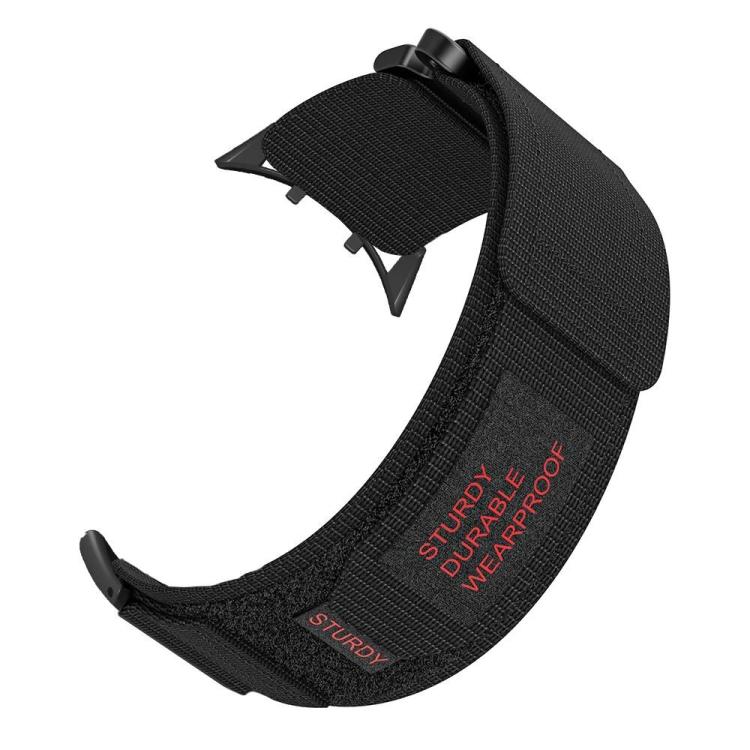 Black nylon watch band with hook-and-loop closure and quick-release buckle.