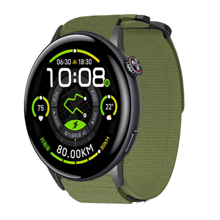Olive green nylon hook-and-loop watch band shown fitted to a round smartwatch.