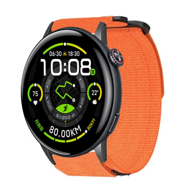 Orange nylon hook-and-loop watch band shown fitted to a round smartwatch.