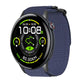 Blue nylon hook-and-loop watch band shown fitted to a round smartwatch.