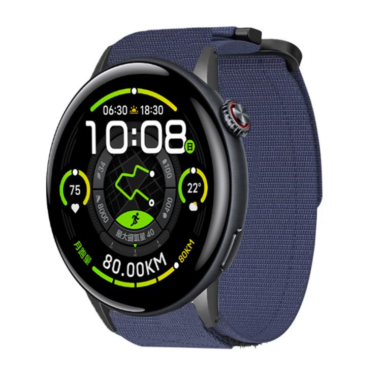 Blue nylon hook-and-loop watch band shown fitted to a round smartwatch.